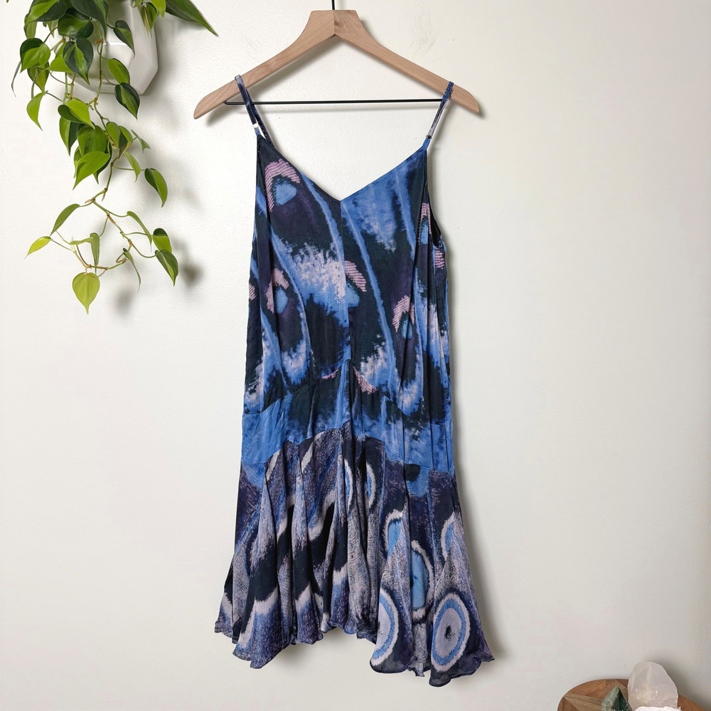 Chufy Iris Mini Dress Petal Skin Blue Butterfly Print Cupro XS Vegan Silk Boho - Picture 3 of 11